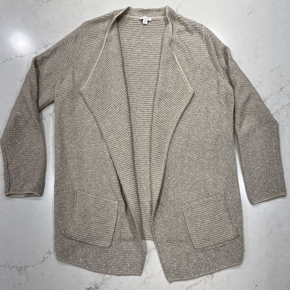 Pure J Jill Sz L Tan Long Rib Knit Cardigan Sweater Pockets Minimalist Lagenlook